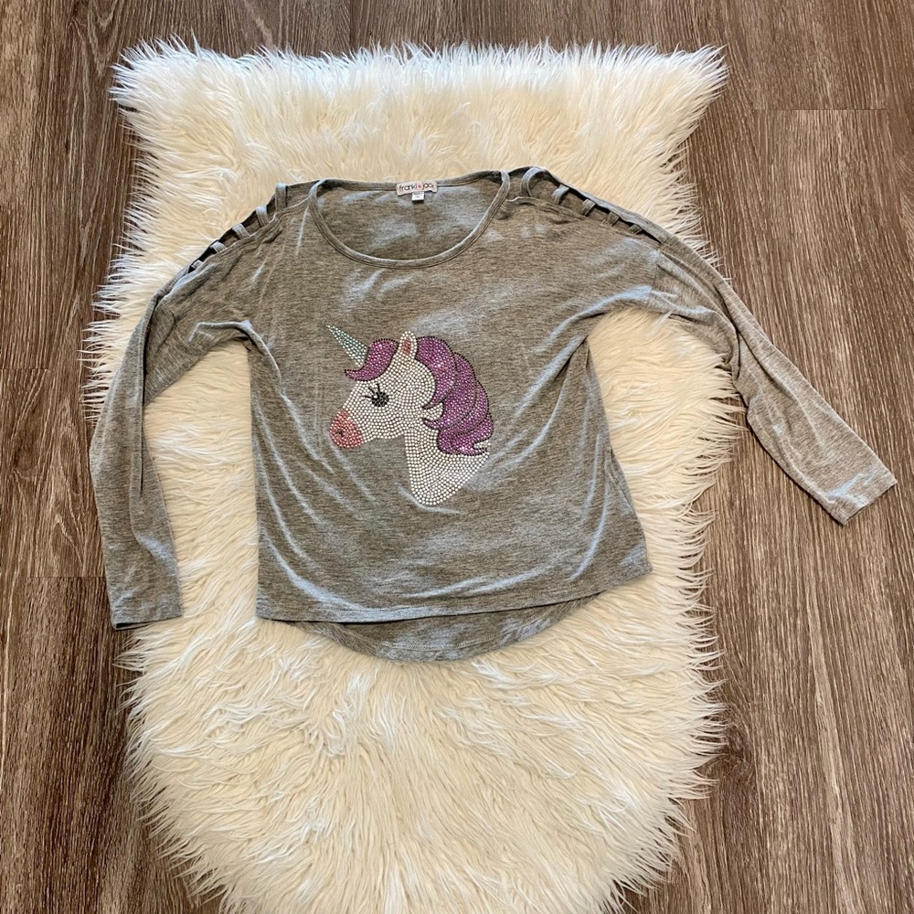Franki & Jack Heathered Gray sequined Unicorn Long Sleeve Shirt